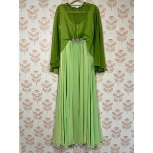 70s Emma Domb Long Chiffon Maxi Dress, Size 12, Chartreuse and Olive Green